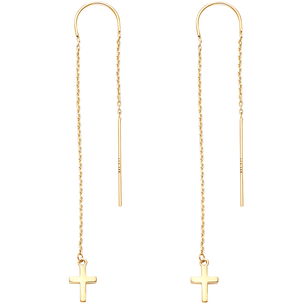 14KY Double Lines Chain Cross Earring