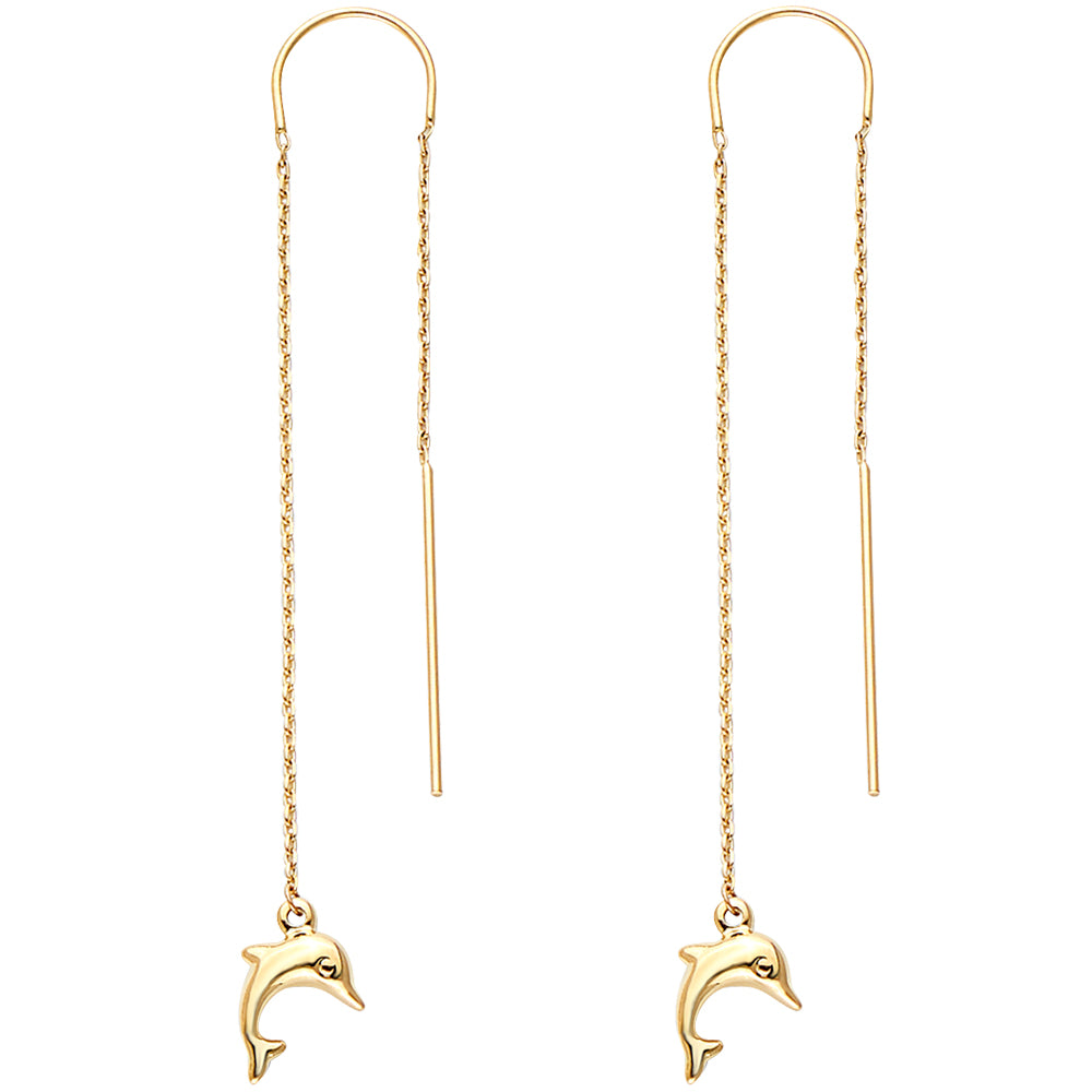 14KY Double Lines Chain Dolphin Earring