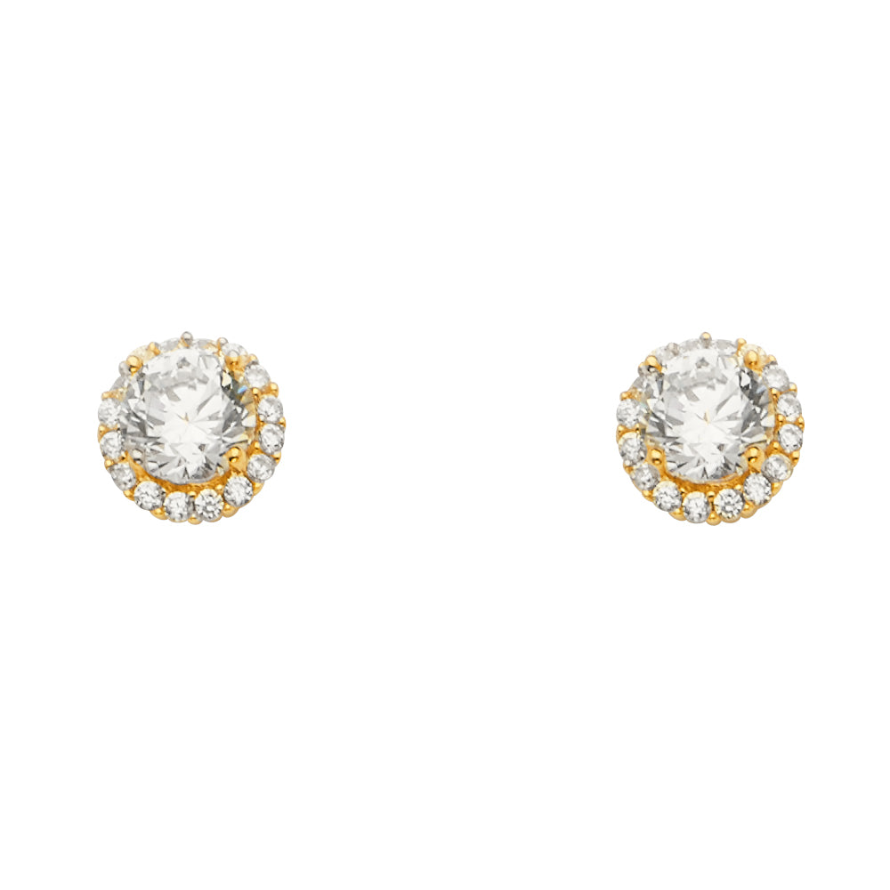 14KY Solitare Halo Round CZ Ear w/PBack