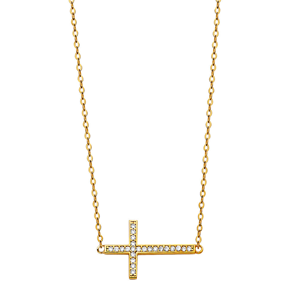 14KY CZ SIDE WAY CROSS NECKLACE