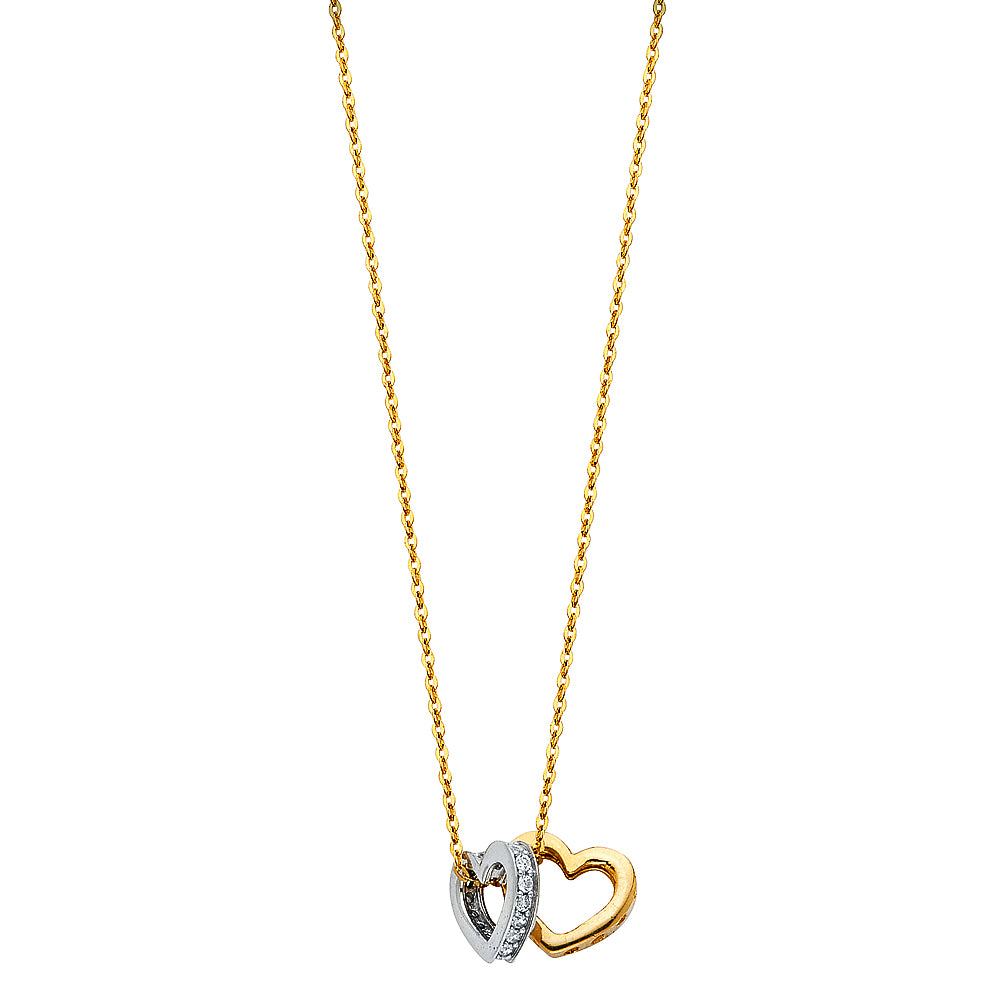 14K 2T CZ DOUBLE HEART NECKLACE