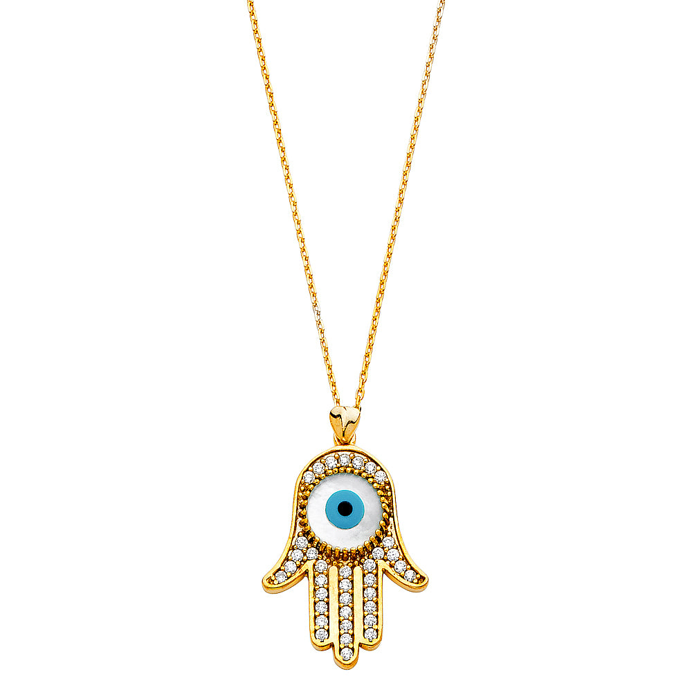 14KY CZ EVIL EYE HAMSA NECKLACE