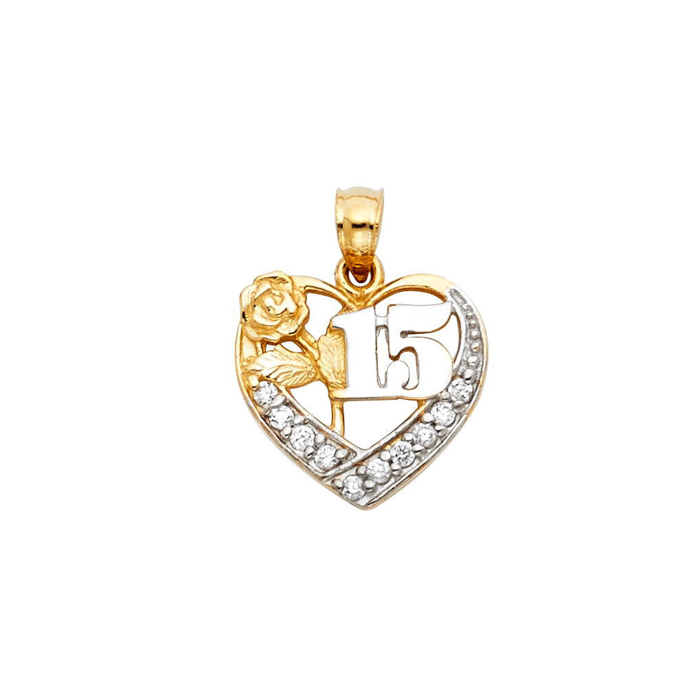 14K 2T CZ 15 YEARS HEART PENDANT