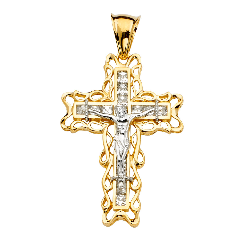 14K 2Tone CZ Crucifix Cross Pendant