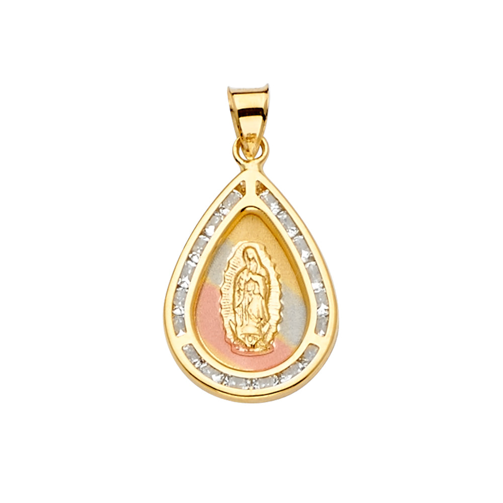 14K 3Color CZ Guadalupe Medal Pendant
