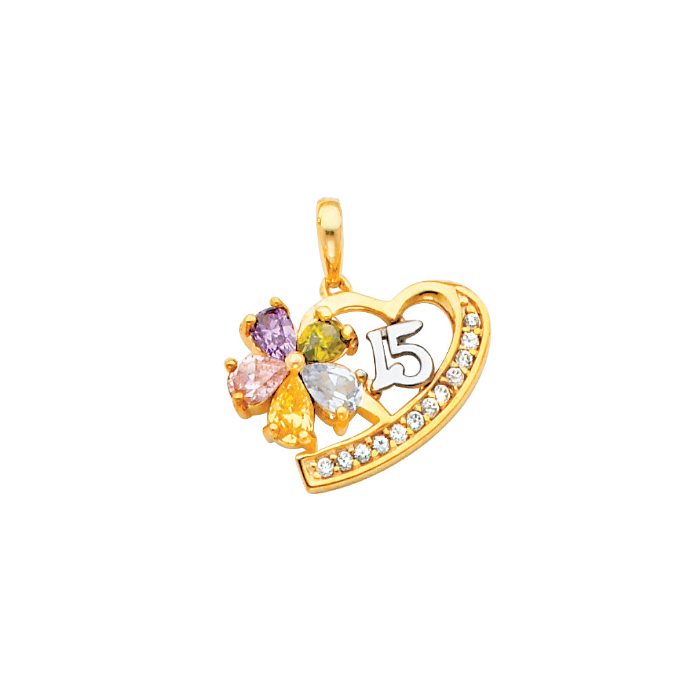 14K 2T CZ 15 YRS HEART PENDANT