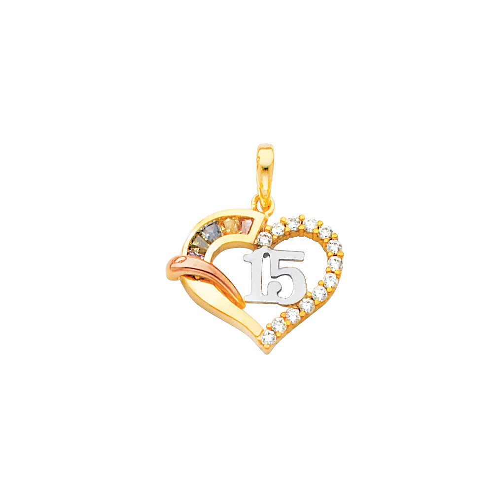 14K 3C CZ 15 YRS HEART PENDANT