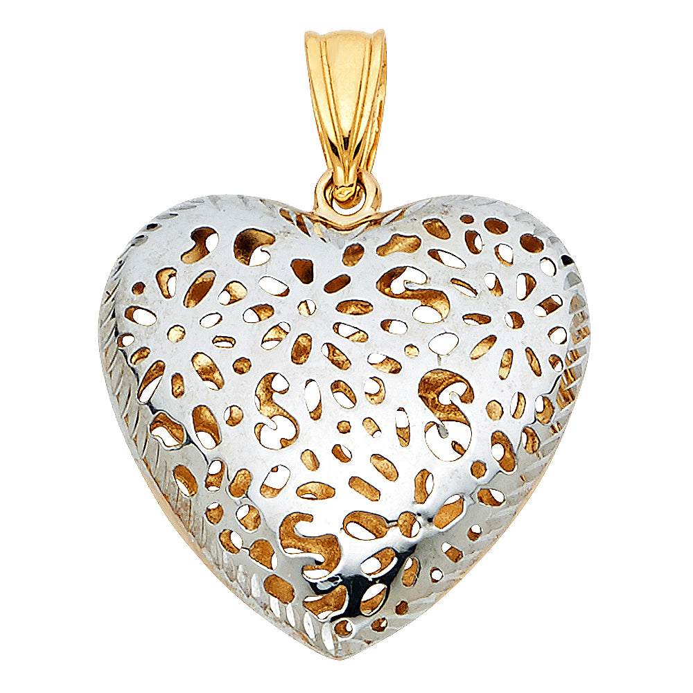 14K 2T FLOWER CUTOUT HEART PENDT