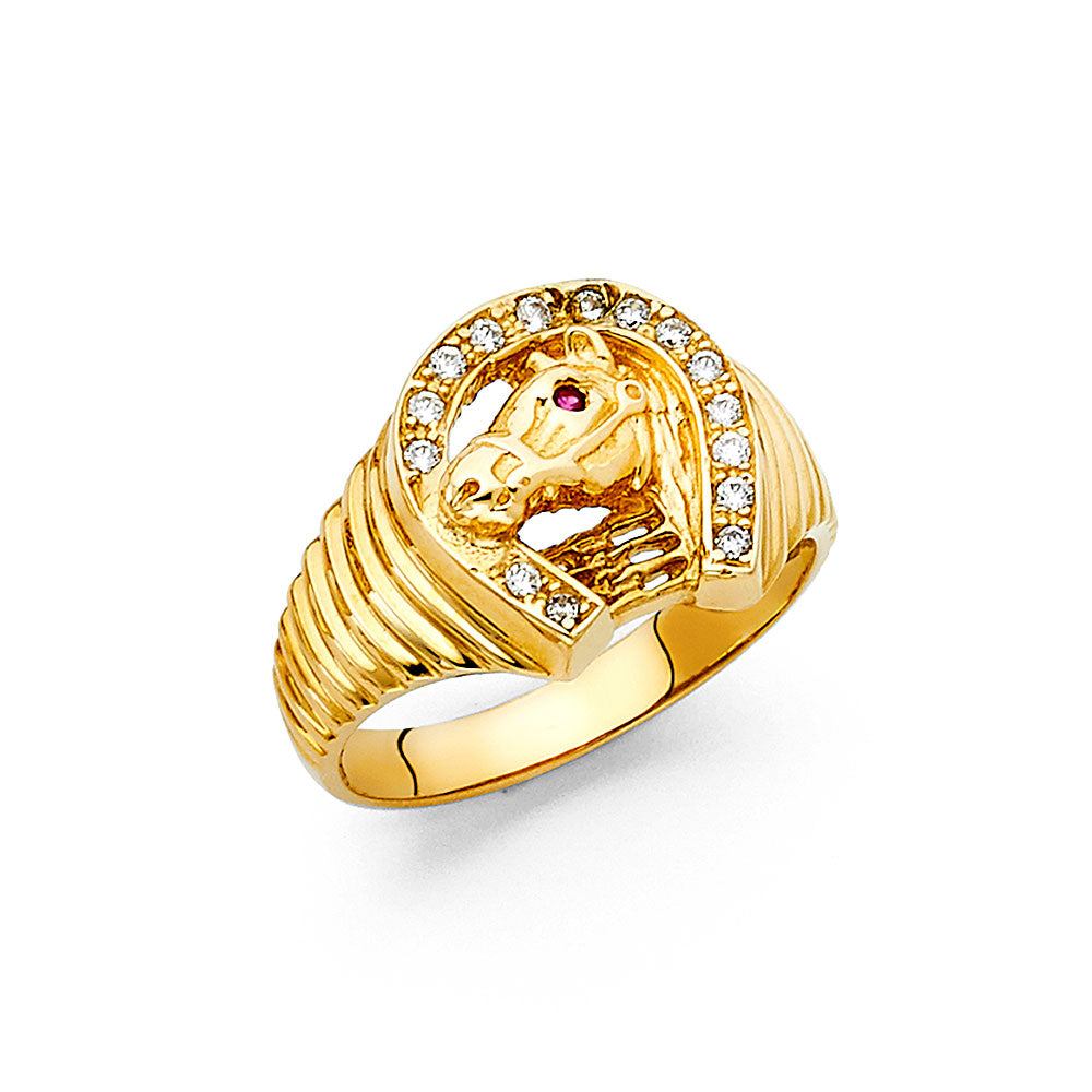 14KY CZ LUCKY HORSESHOE MENS RING
