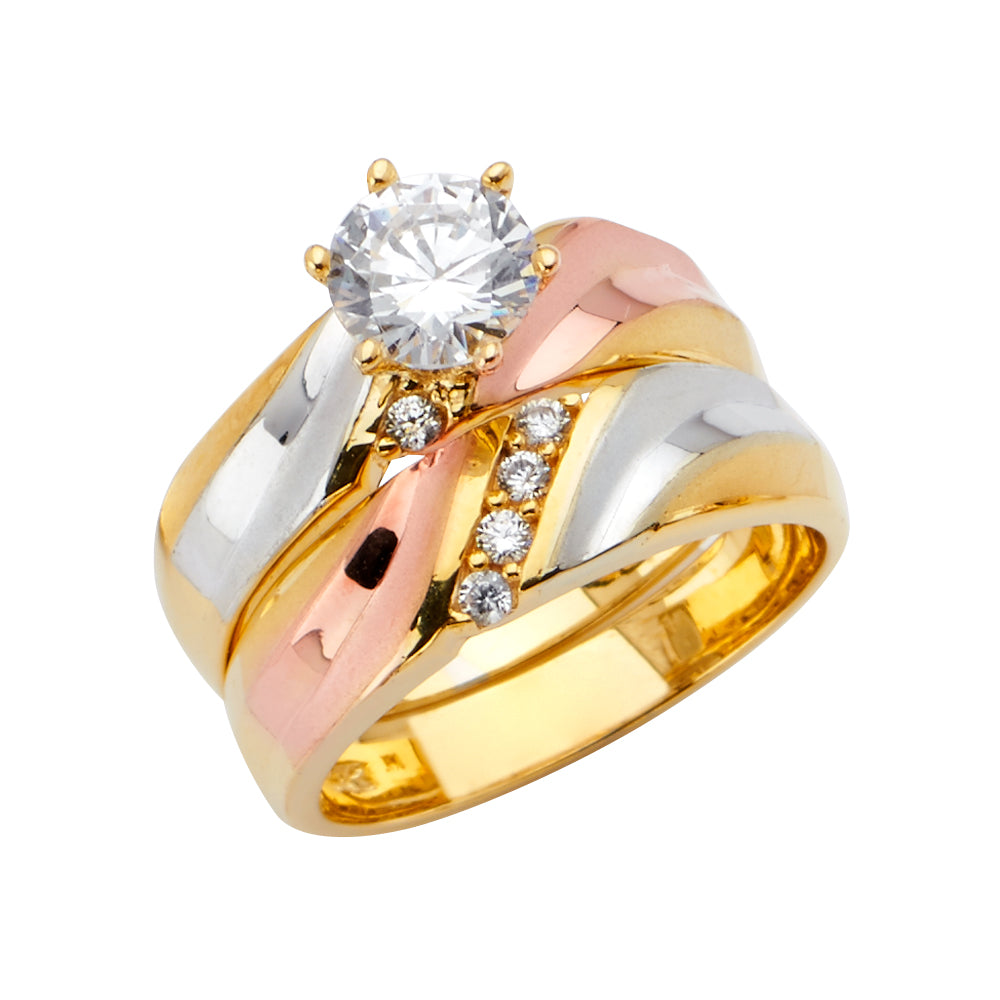 14K 3Color CZ Engagement Ring / Trio Set