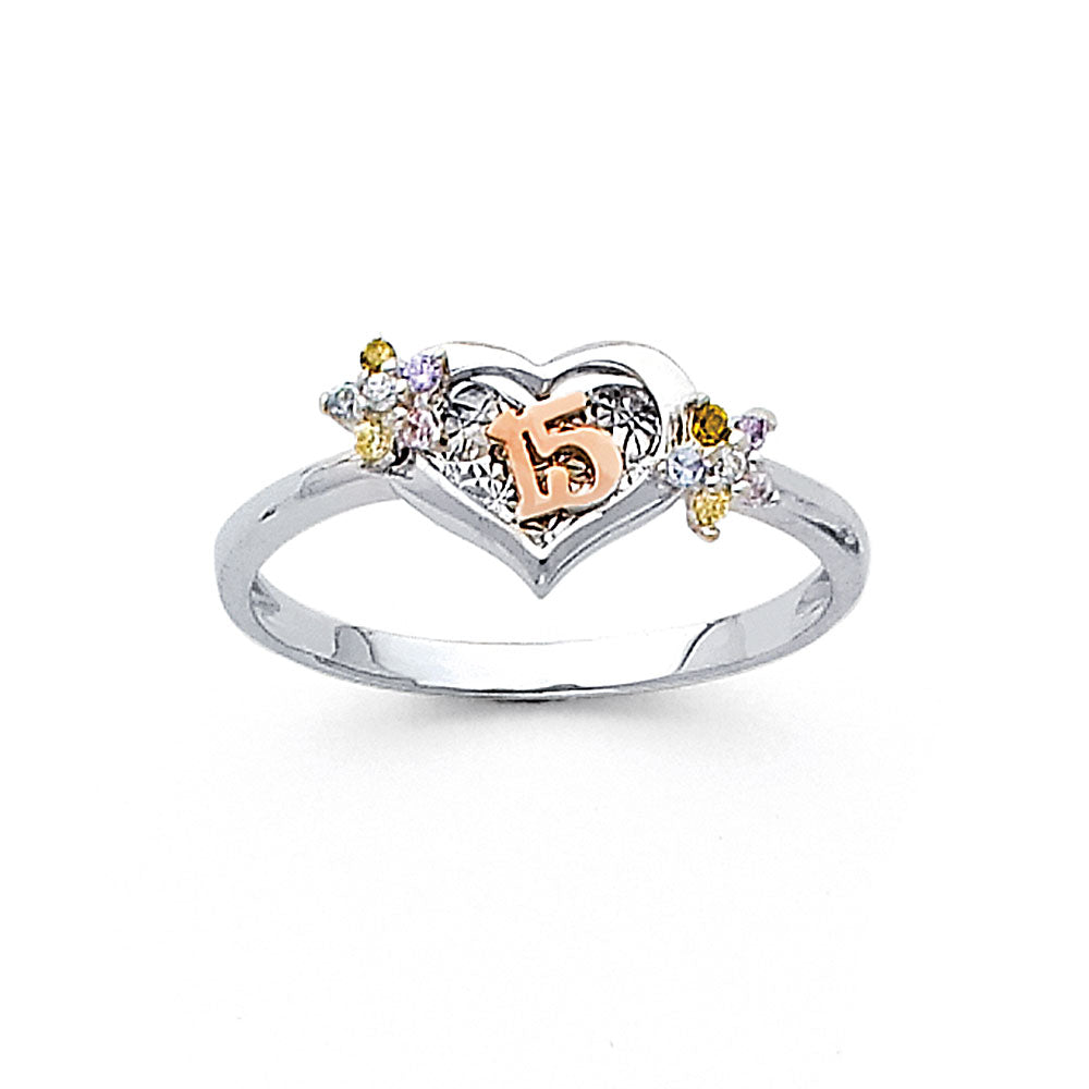 14KW 15 YR HEART CZ RING