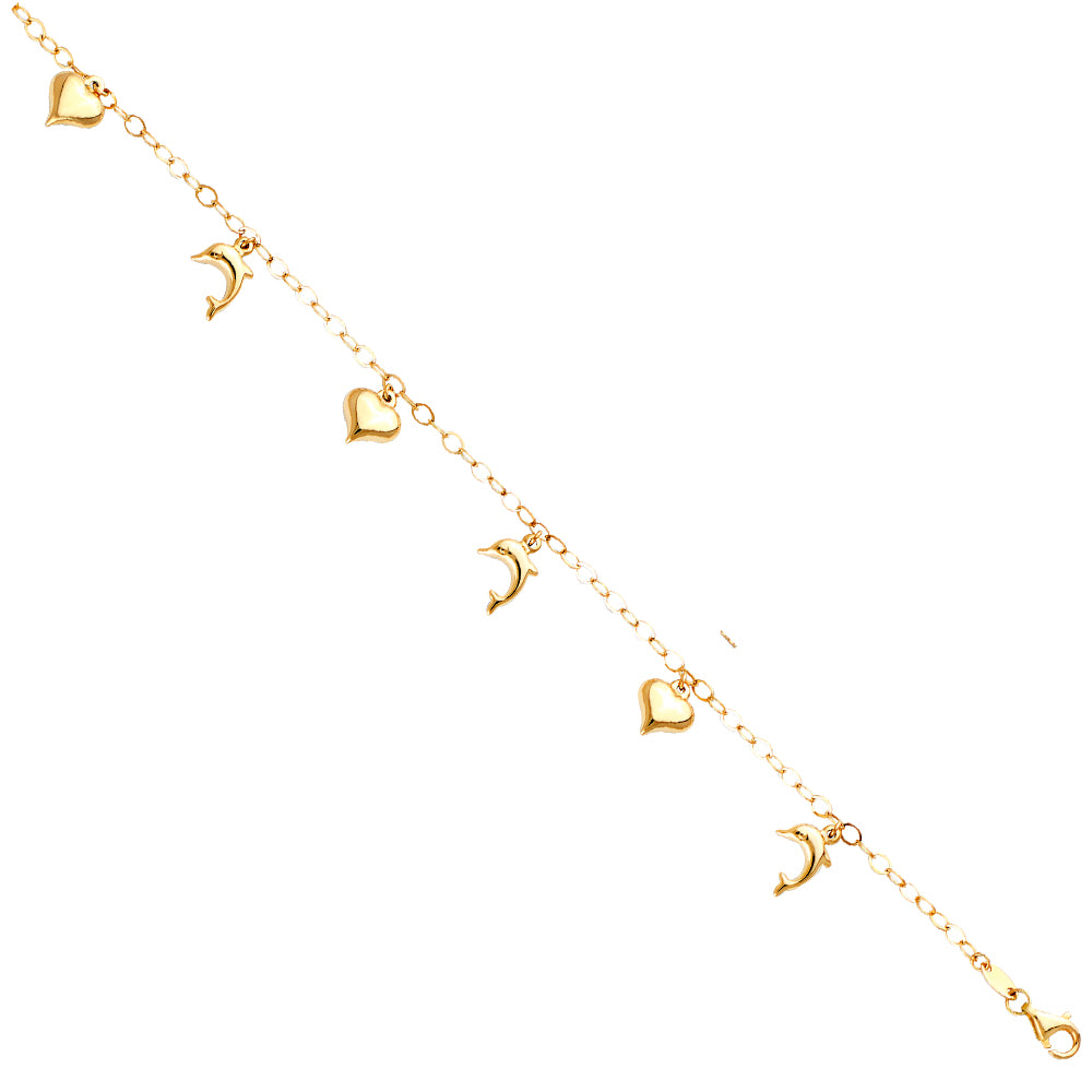 14KY Hanging Dolphin + Heart Bracelet 7 + 1