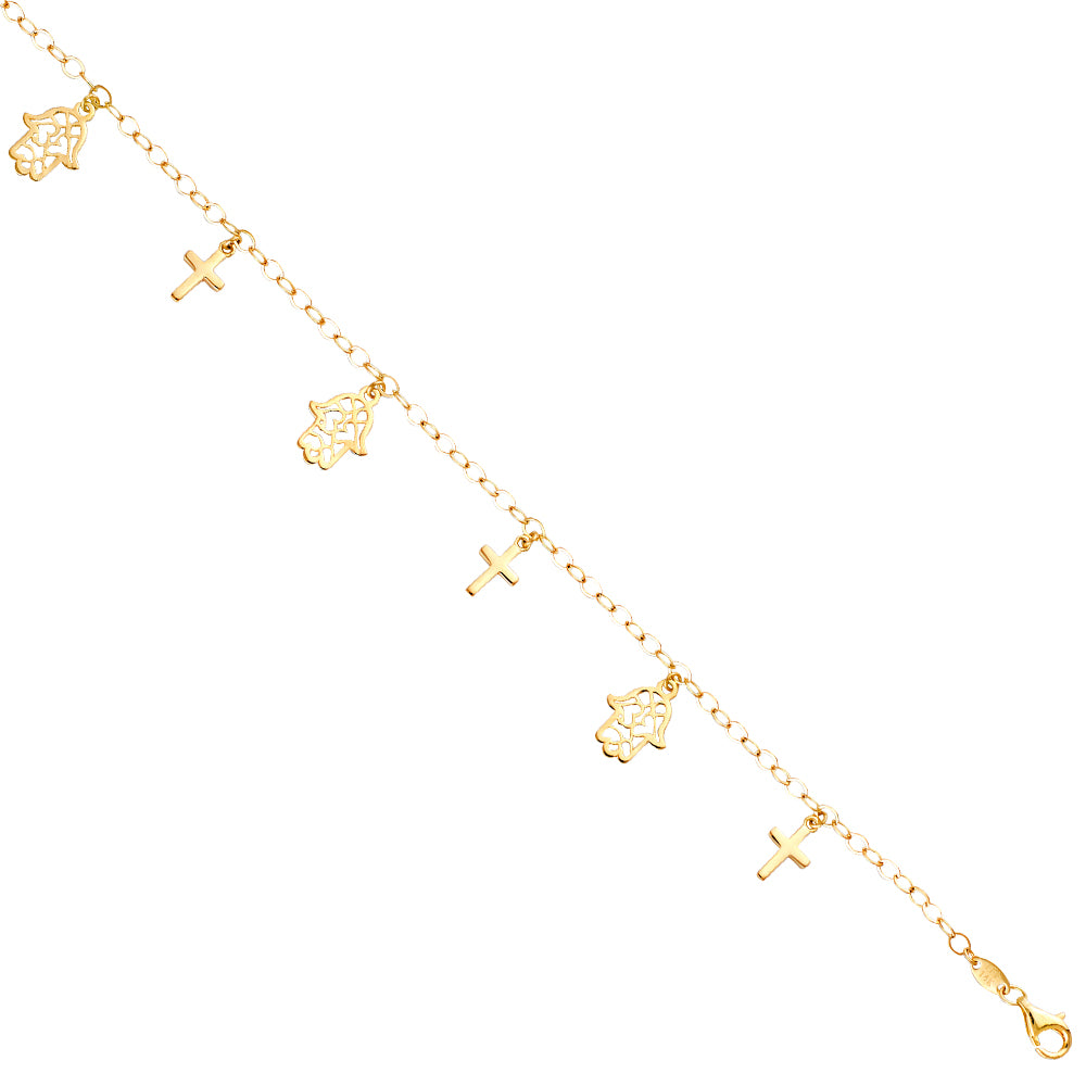 14KY Hanging Hamsa + Cross Bracelet 7 + 1