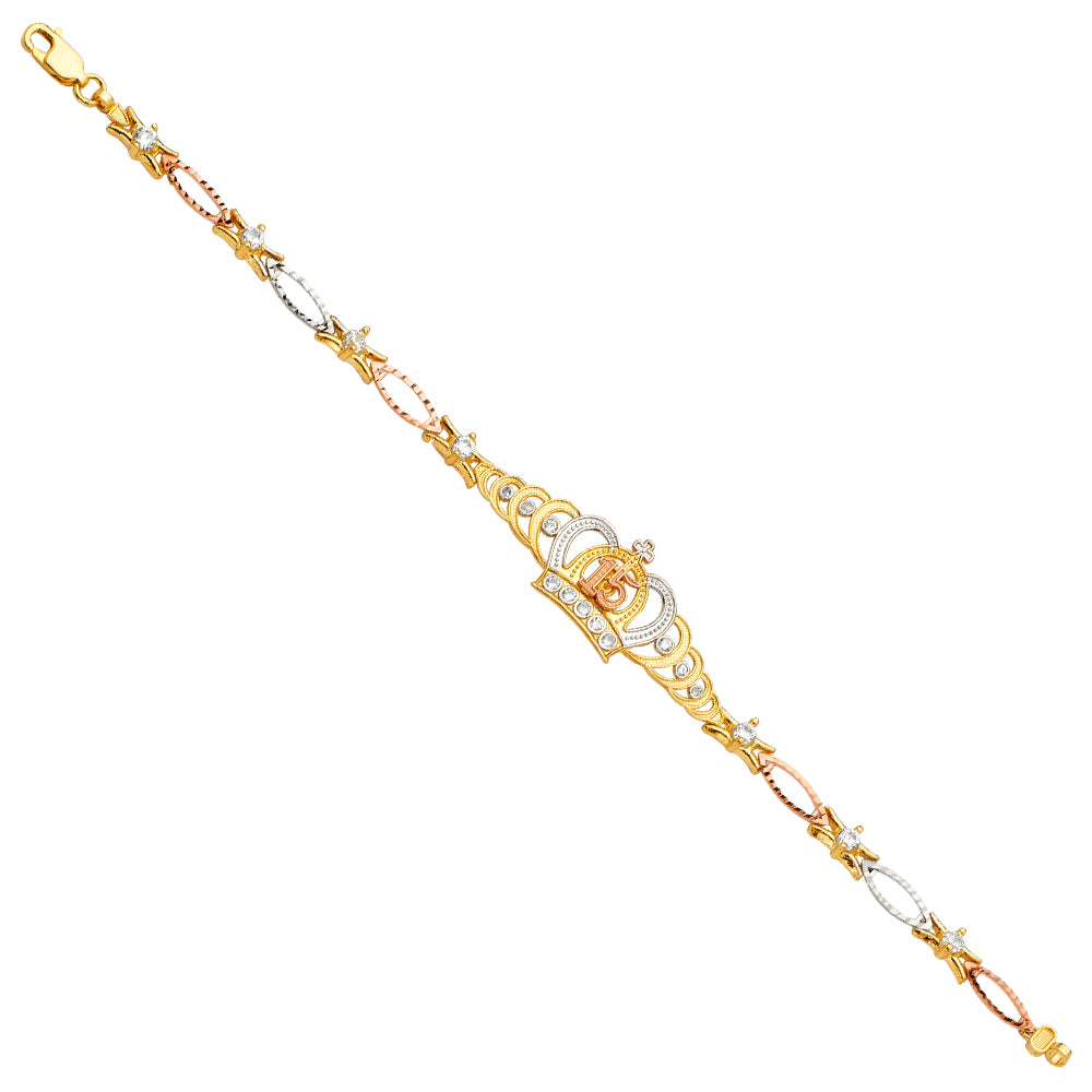 14K 3C 15 YEARS CROWN CZ BRACELET