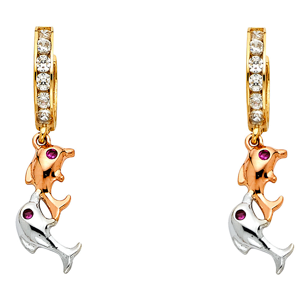 14K 3C CZ DANGLE HUGGIES