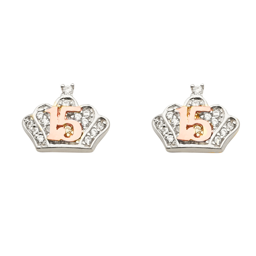 14KW 15Years CZ Crown Earring w/Push Back
