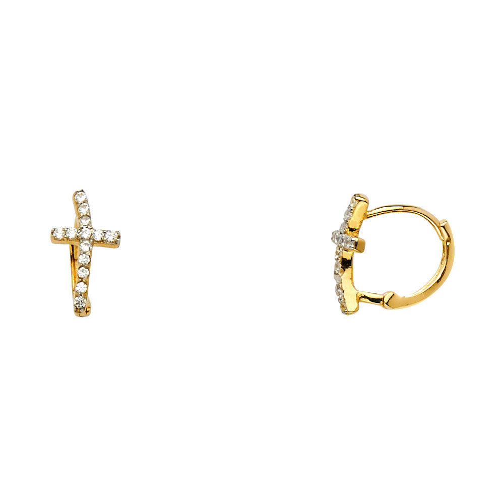 14K 2T CURVED CZ CROSS HUGGIES