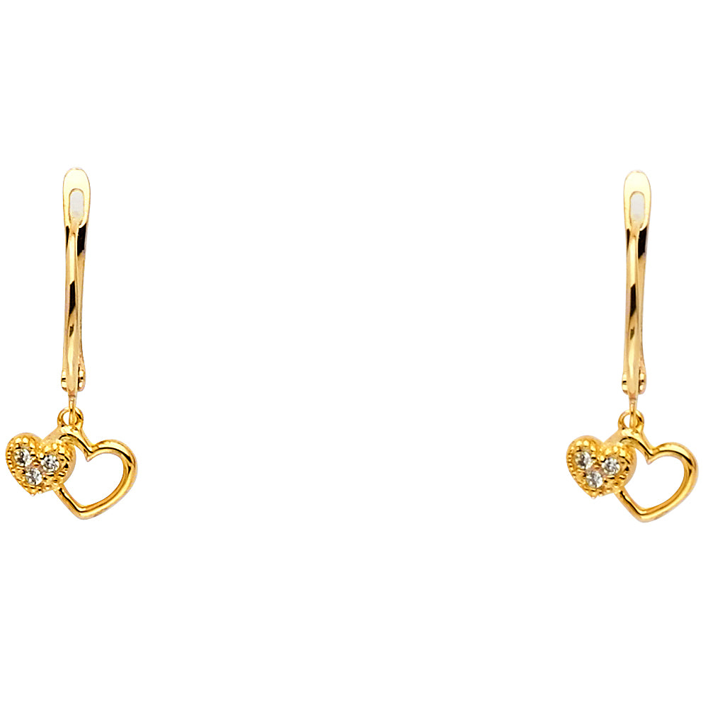 14KY CZ 2 HEARTS HANGING EARRING