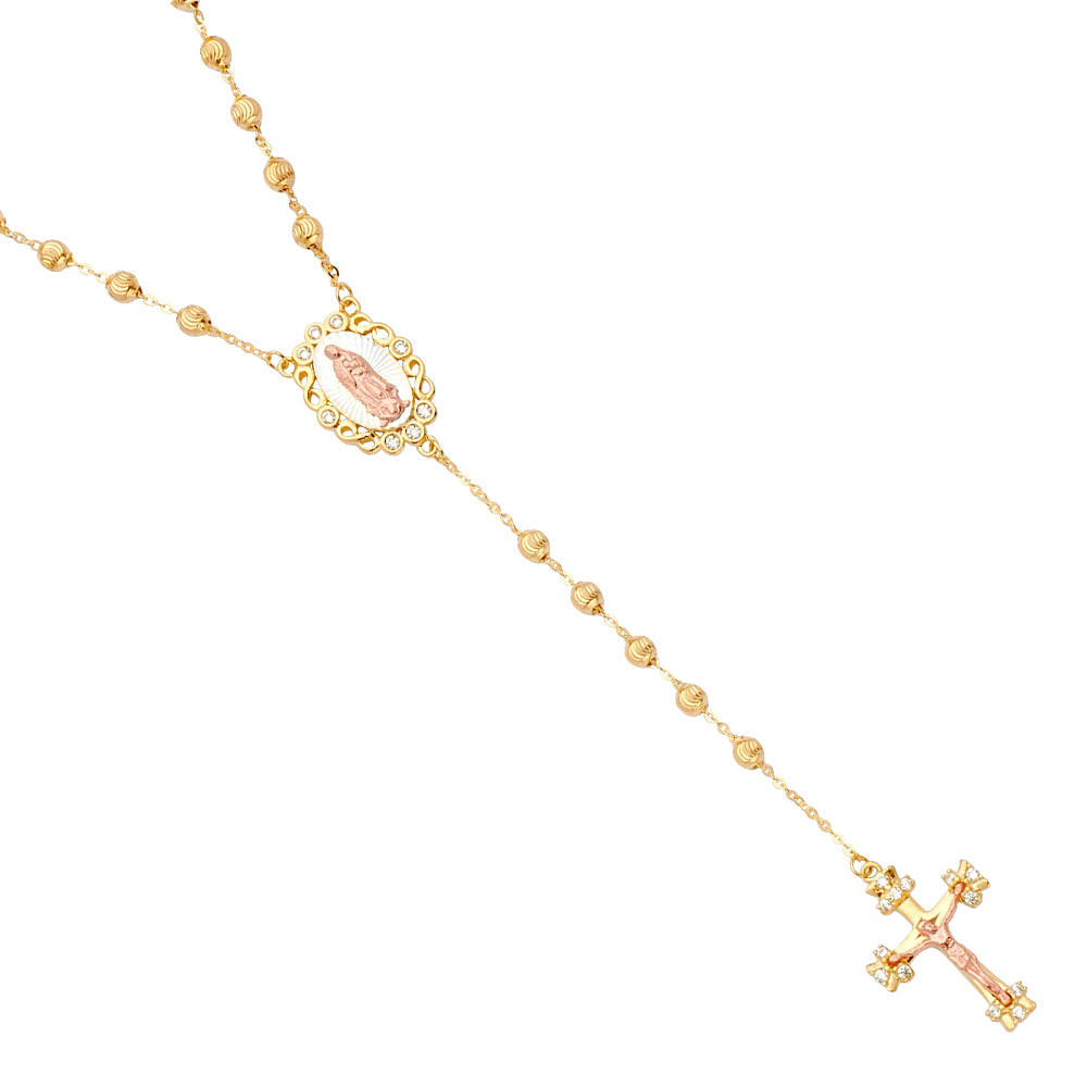 14K 3C MoonCut Ball CZ Rosary Necklace
