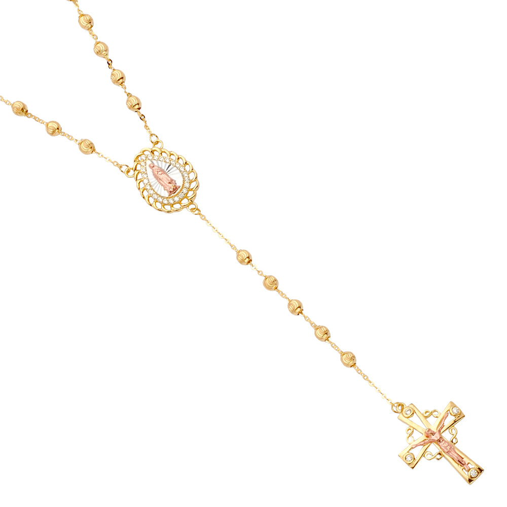 14K 3C MoonCut Ball CZ Rosary Necklace