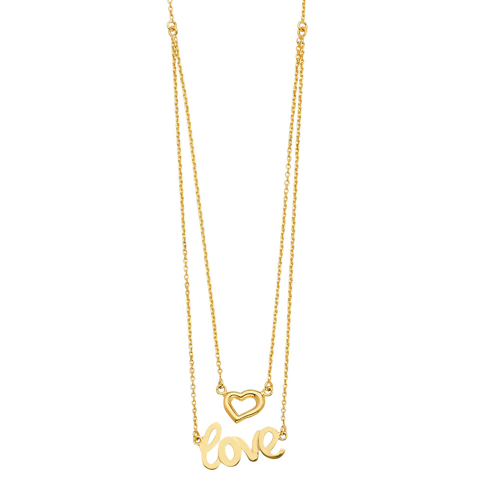 14KY 2Lines Chain Necklace w/Heart+Love