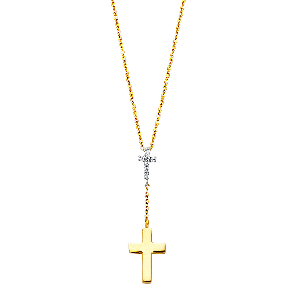 14K 2T CZ CROSS NECKLACE