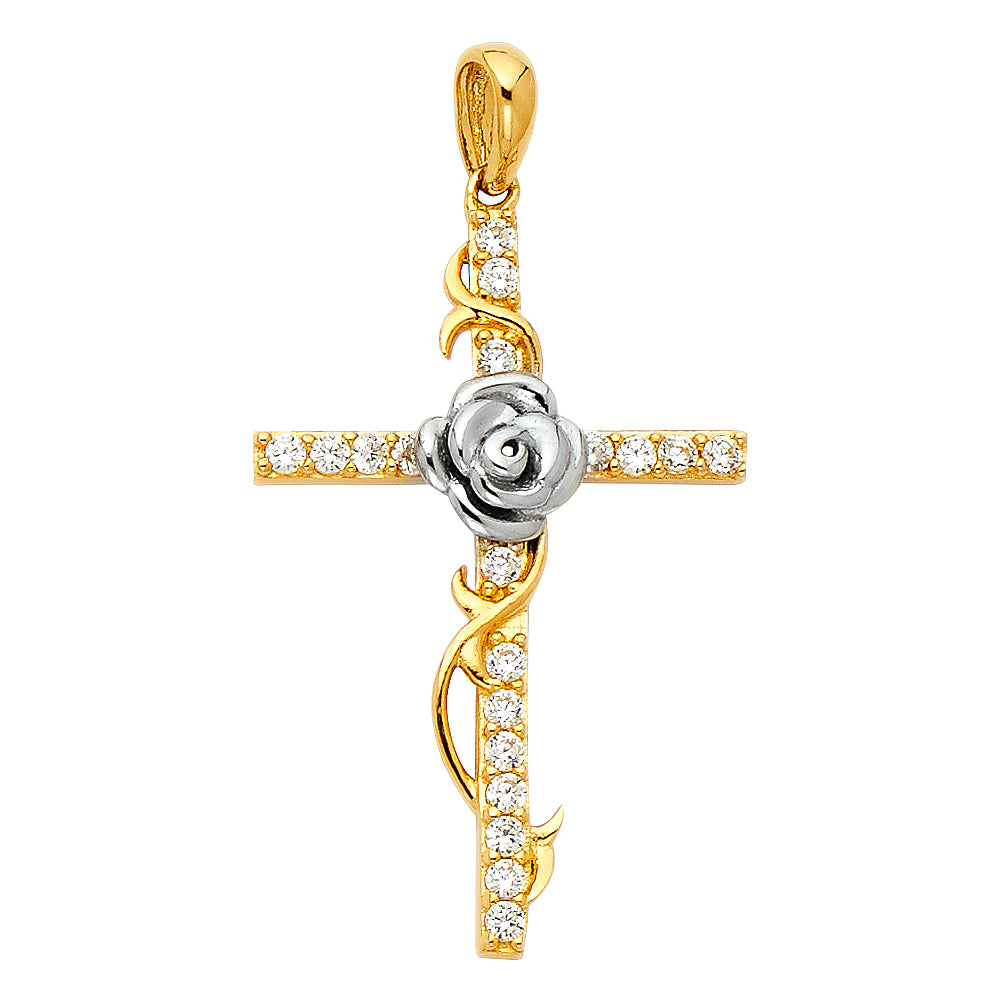 14K 2T CZ CROSS W/ ROSE PENDANT