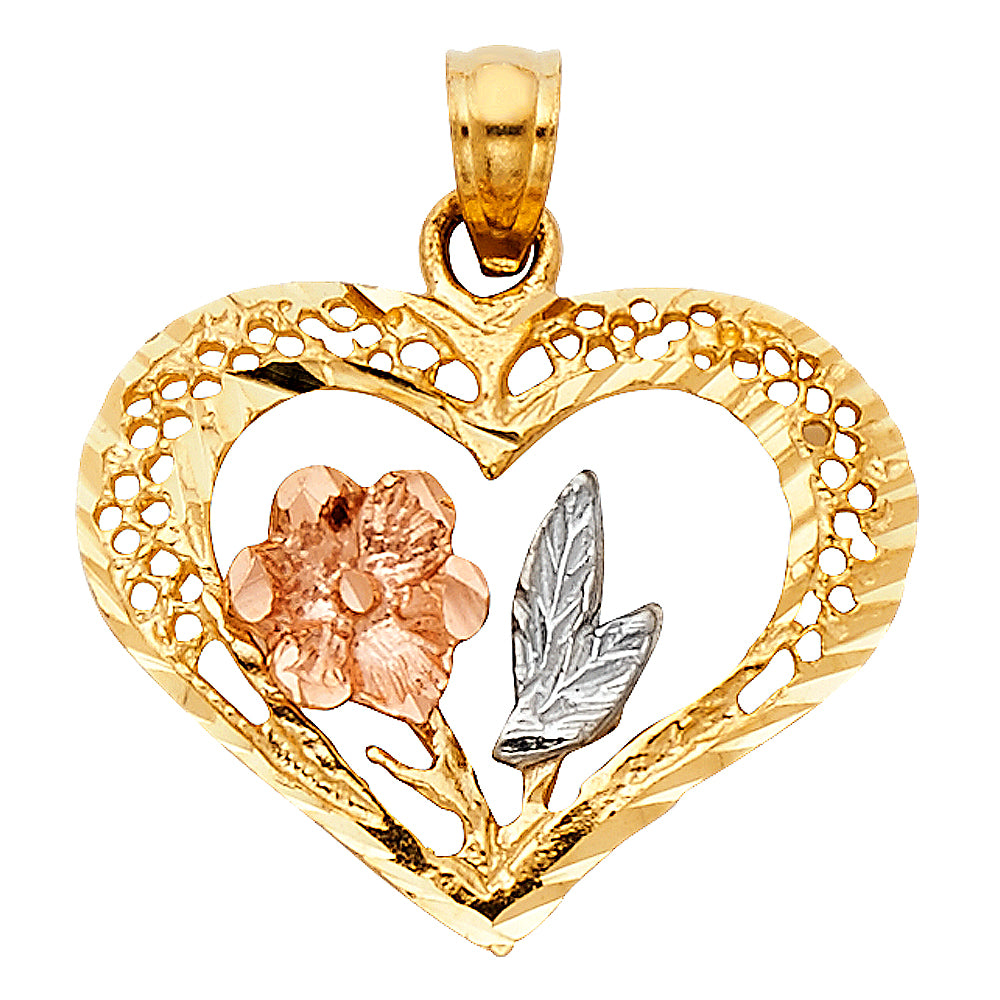 14K 3C HEART W/ ROSE PENDANT