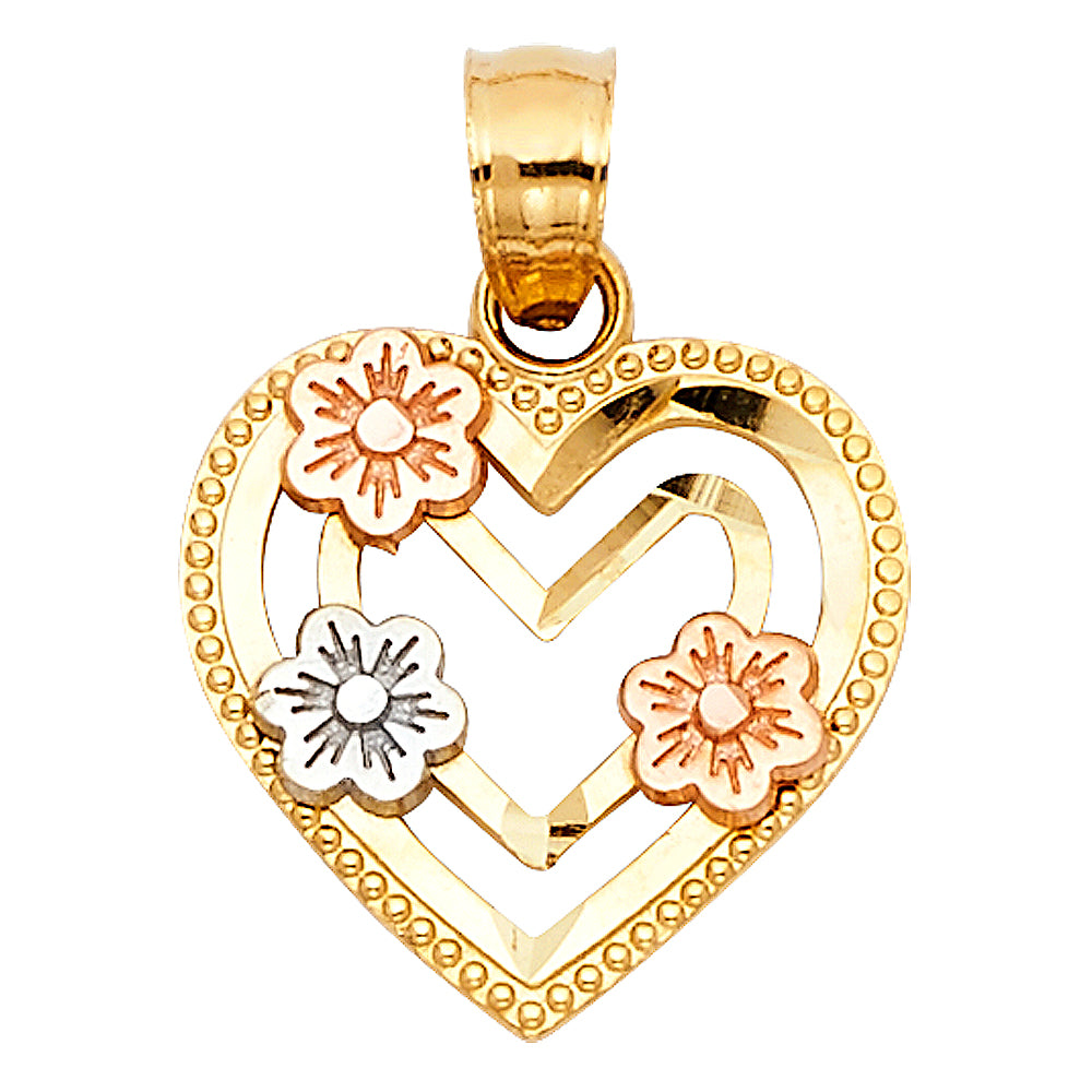 14K 3C HEART W/ FLOWER PENDANT