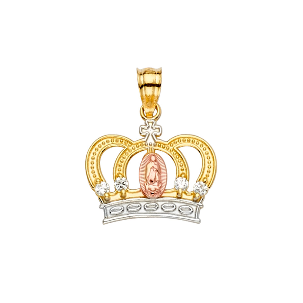 14K 3C GUADALUPE CZ CROWN PENDANT
