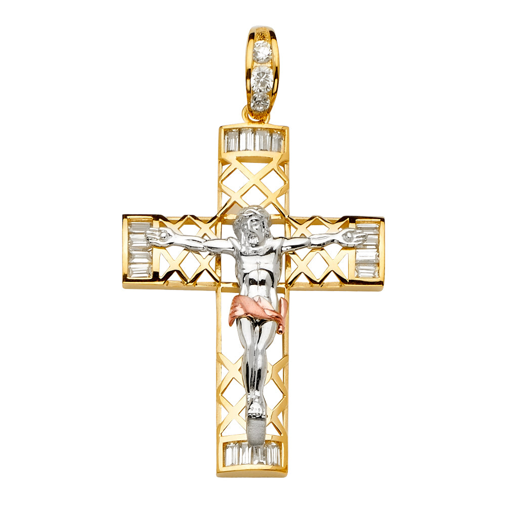 14K 3Color CZ Crucifix Cross Pendant