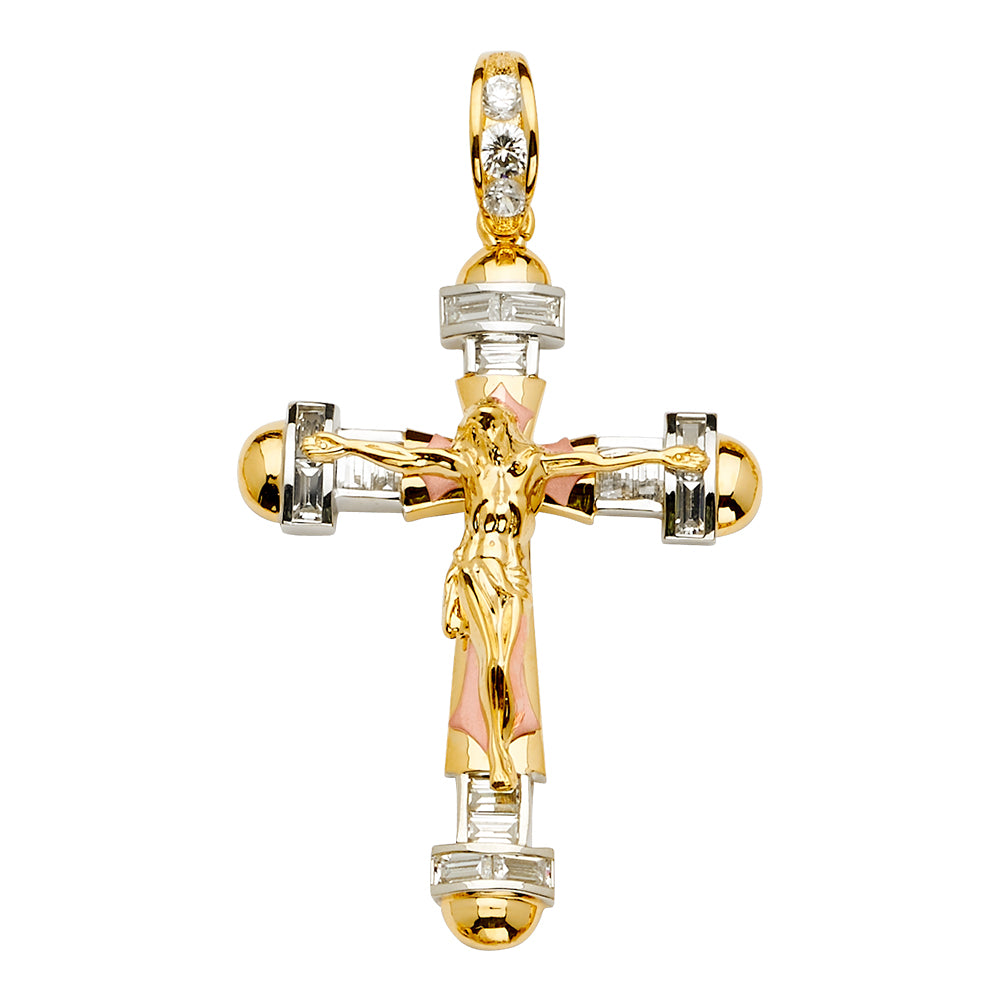 14K 3Color CZ Crucifix Cross Pendant