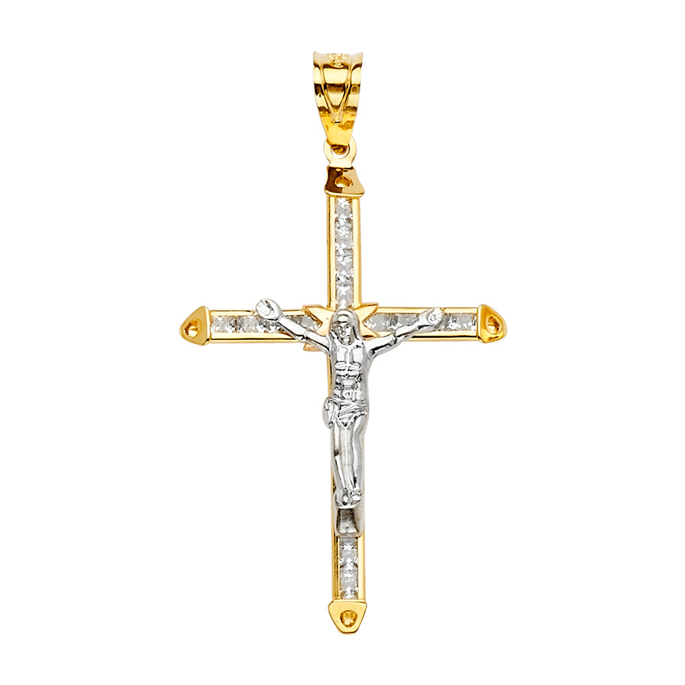 14K 2Tone CZ Crucifix Cross Pendant