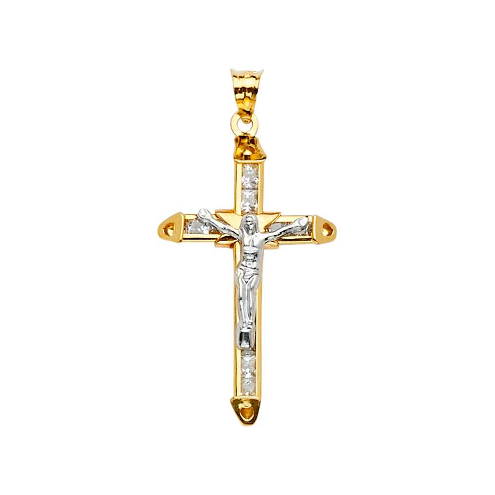 14K 2Tone CZ Crucifix Cross Pendant