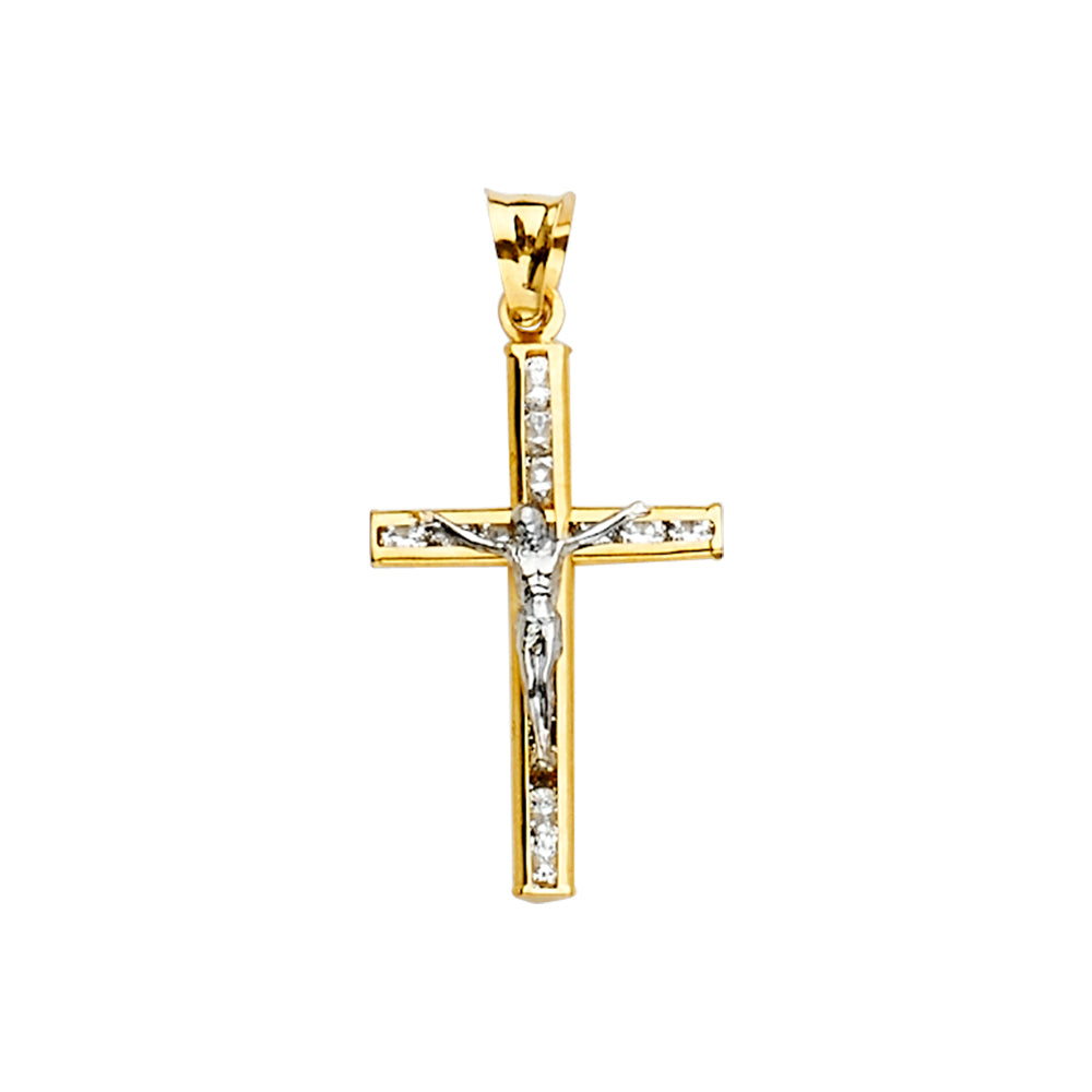 14K 2Tone CZ Crucifix Cross Pendant