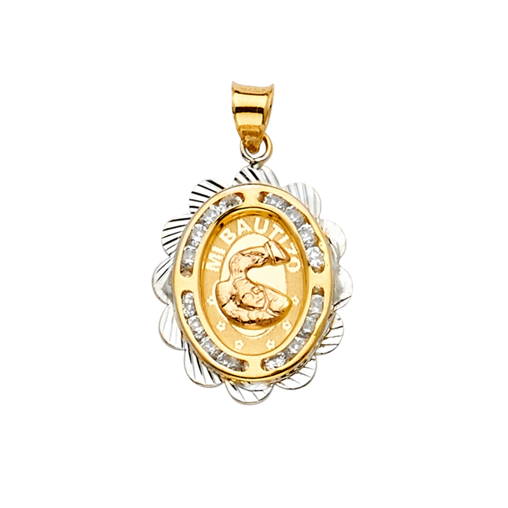 14K 2Tone CZ Baptism Medal Pendant