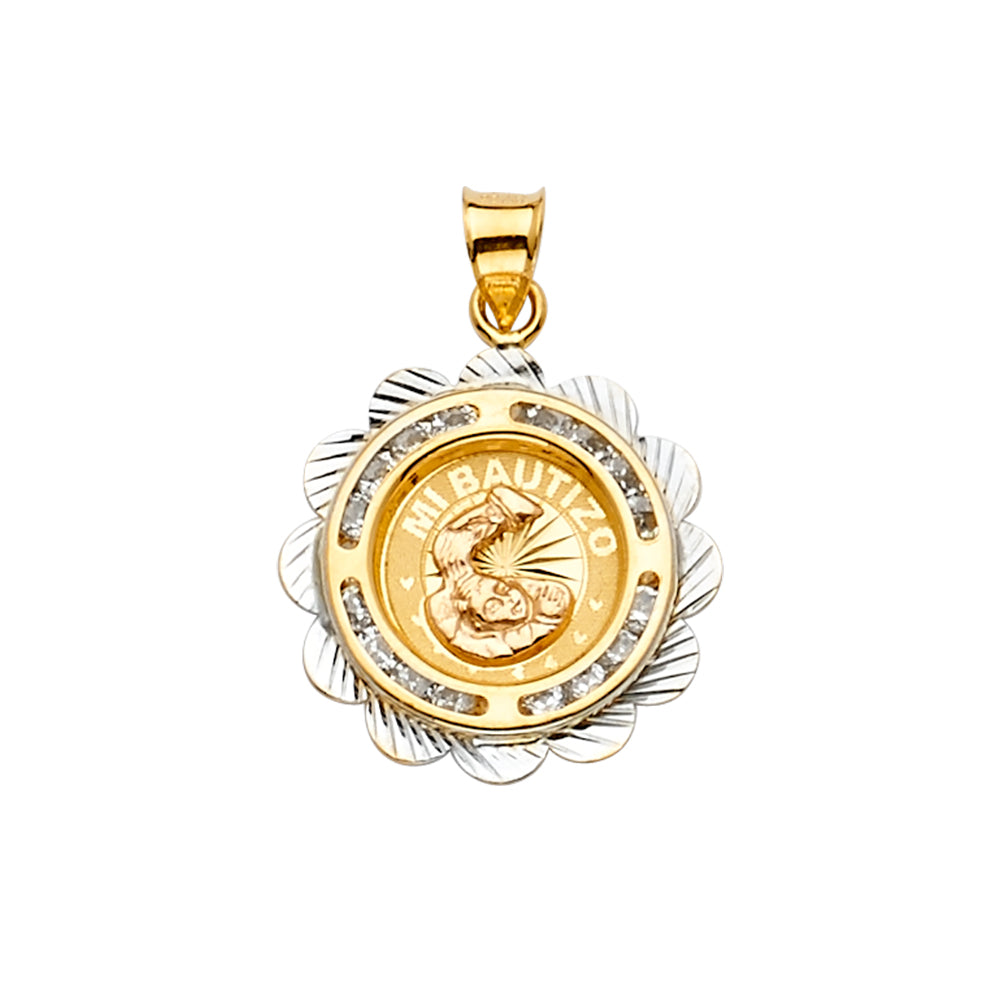 14K 2Tone CZ Baptism Medal Pendant