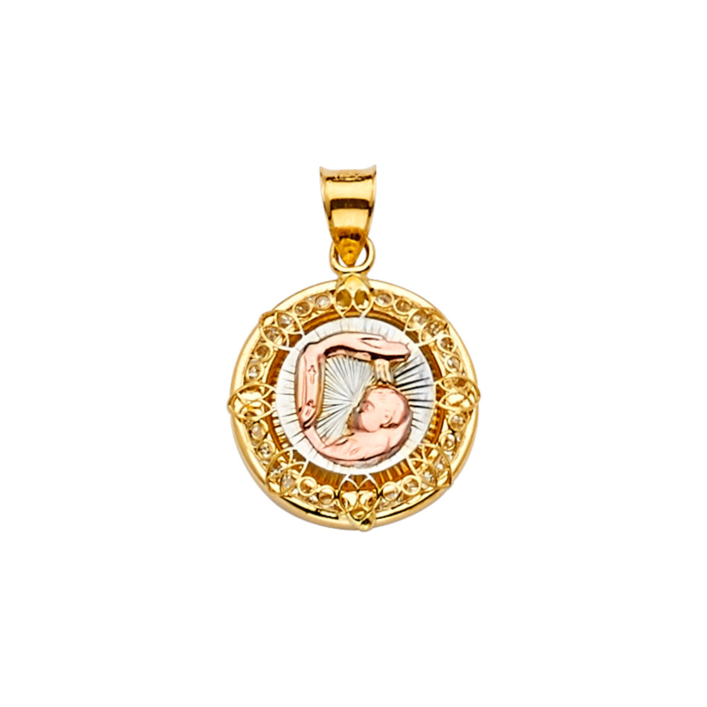 14K 2Tone CZ Baptism Medal Pendant