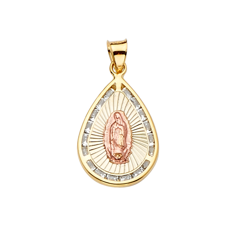 14K 3Color CZ Guadalupe Medal Pendant