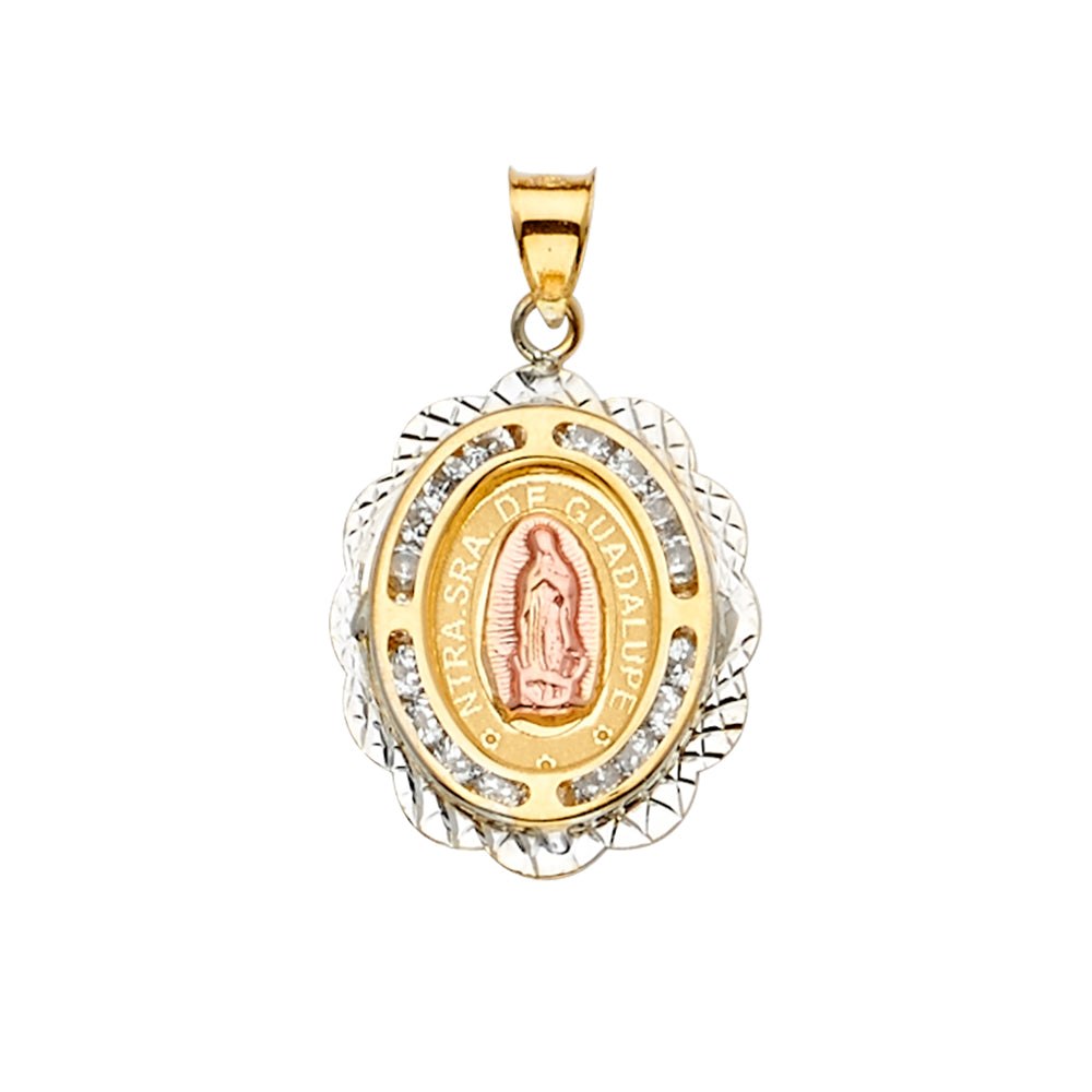 14K 3Color CZ Guadalupe Medal Pendant
