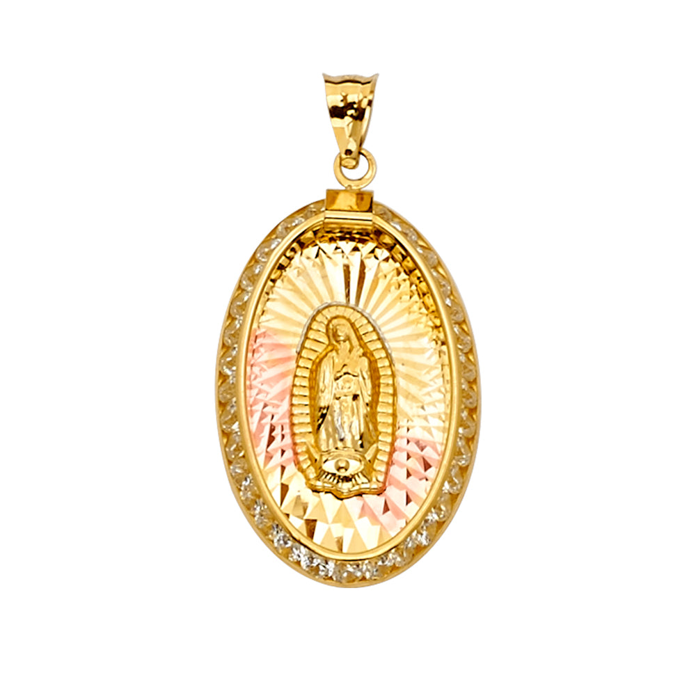 14K 3Color CZ Guadalupe Medal Pendant