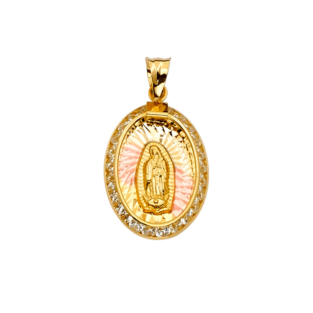 14K 3Color CZ Guadalupe Medal Pendant