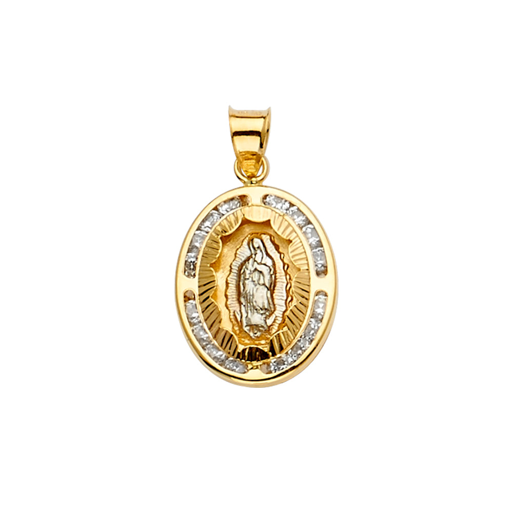 14K 3Color CZ Guadalupe Medal Pendant