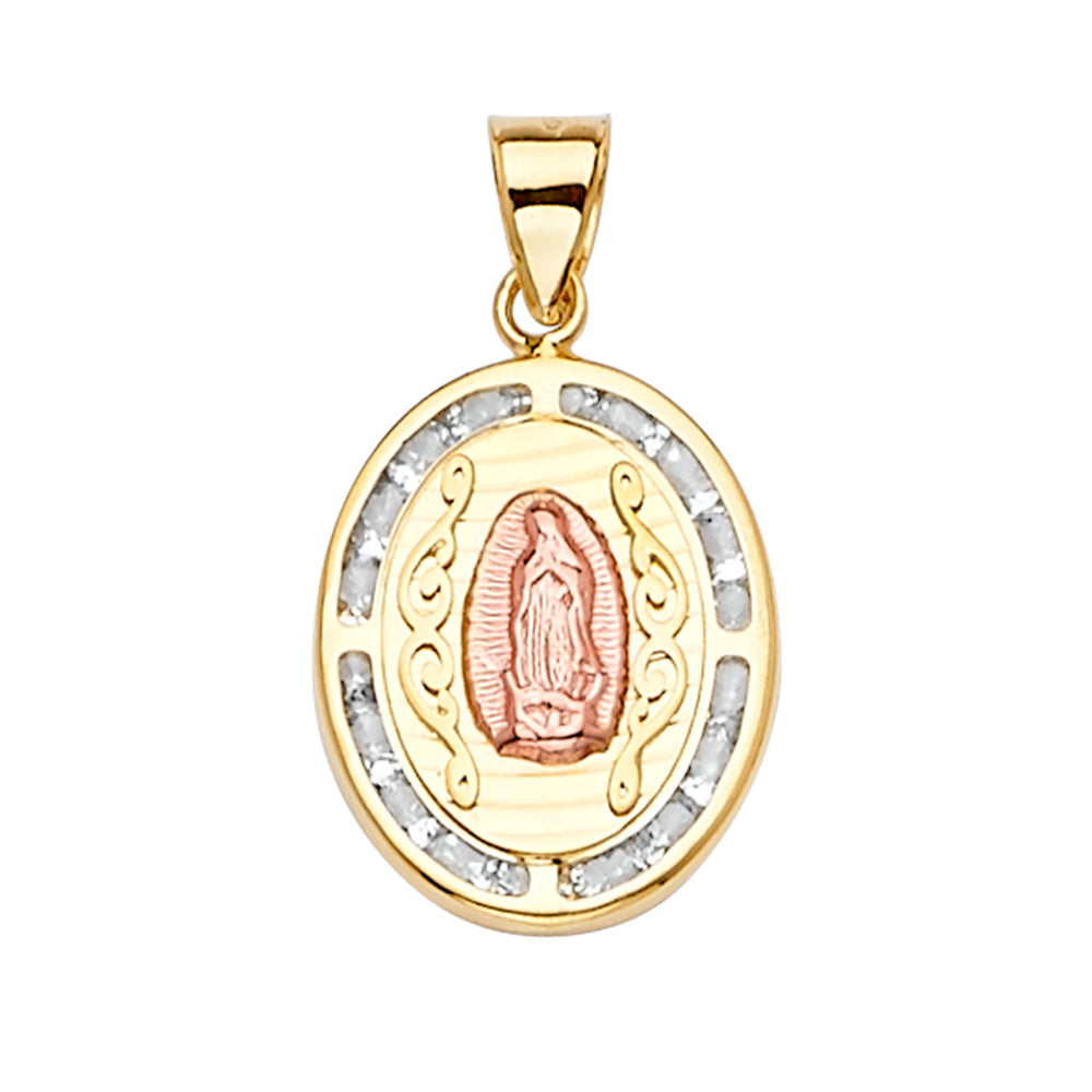 14K 3Color CZ Guadalupe Medal Pendant