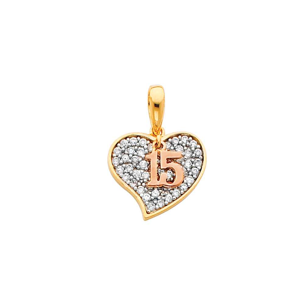 14K 3C CZ 15 YRS HEART PENDANT