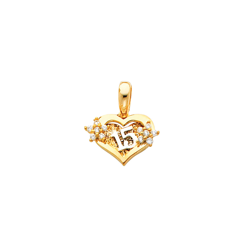 14K 2T CZ 15 YRS HEART PENDANT