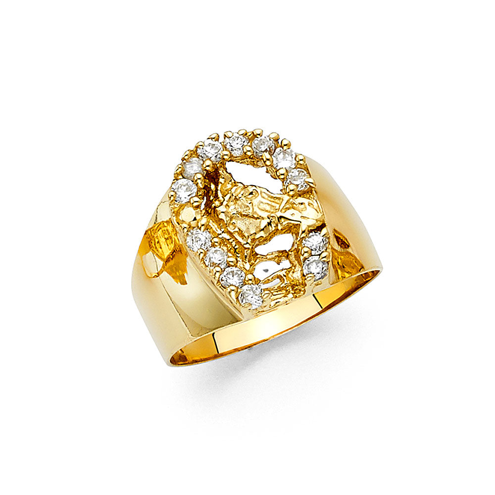 14KY CZ LUCKY HORSESHOE MENS RING