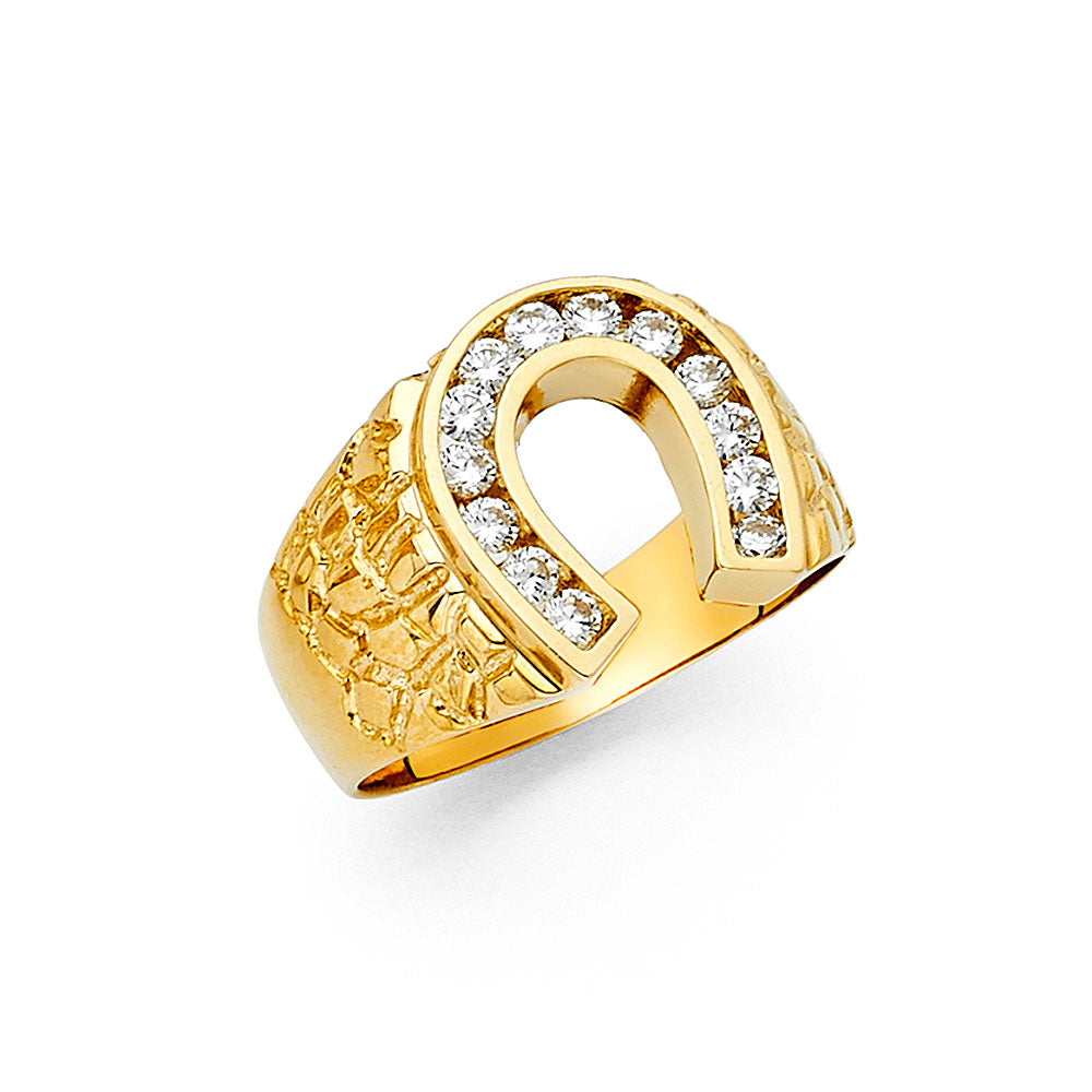 14KY CZ LUCKY HORSESHOE MENS RING