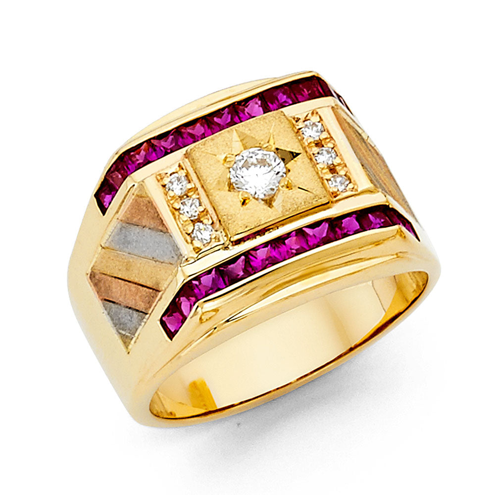 14KY CZ MENS RING w/Ruby