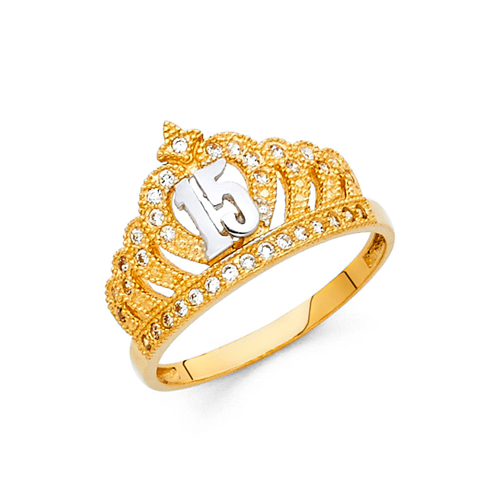 14K 2T 15YEARS CZ CROWN RING